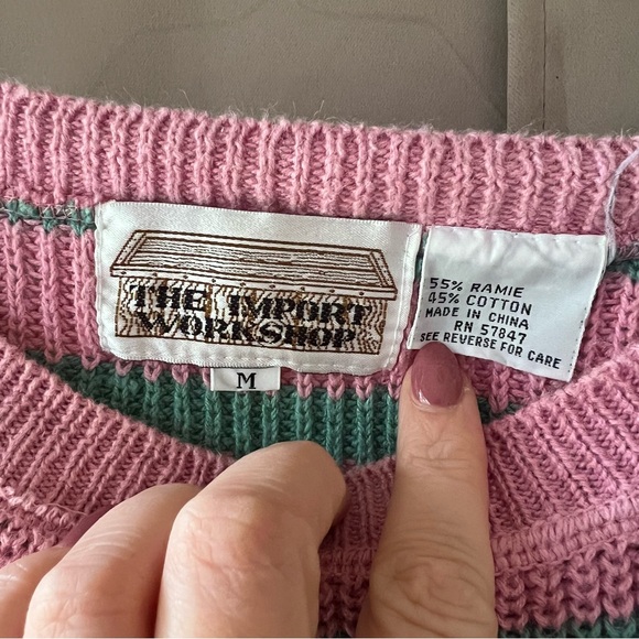 Cozy Pink and Green Striped Women's Sweater - Picture 2 of 4